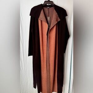 Badgley Mischka Open Front, Wrap Tie Long Sweater Duster Camel and Black XL NWT